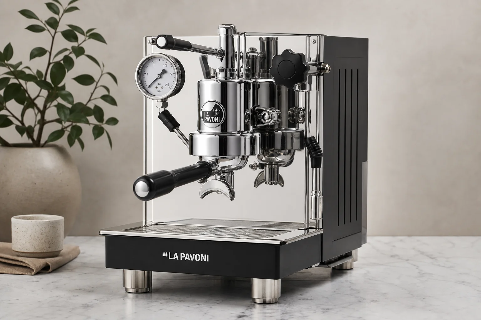 Six non-toxic coffee makers arranged on concrete: percolator, Chemex, La Pavoni, Flair Pro 3, Bunn VP17, and Ratio 8