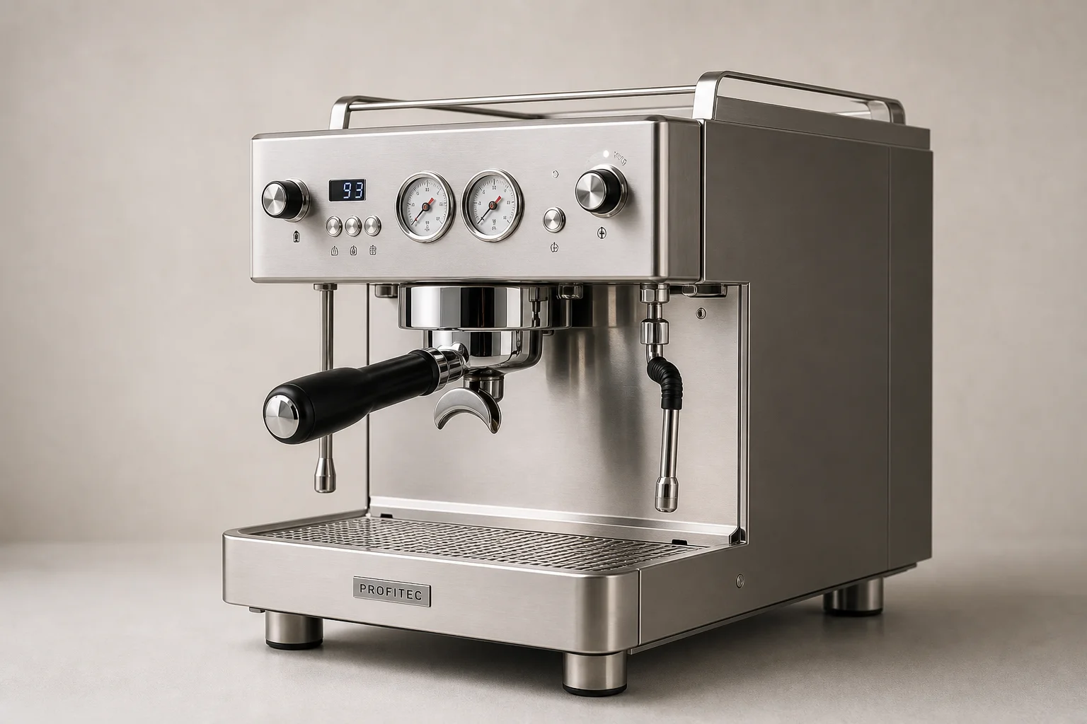 Four espresso machines arranged by size and type on neutral backdrop