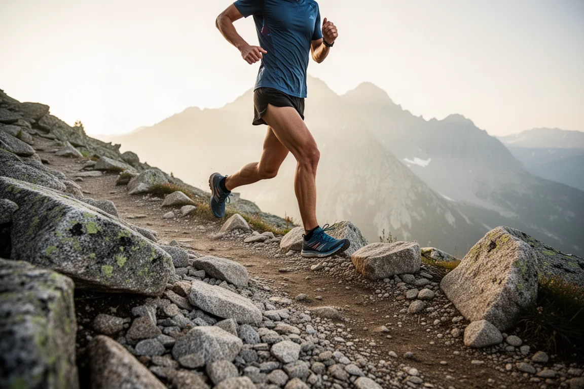 Trail runner striding over a rocky mountain singletrack trail