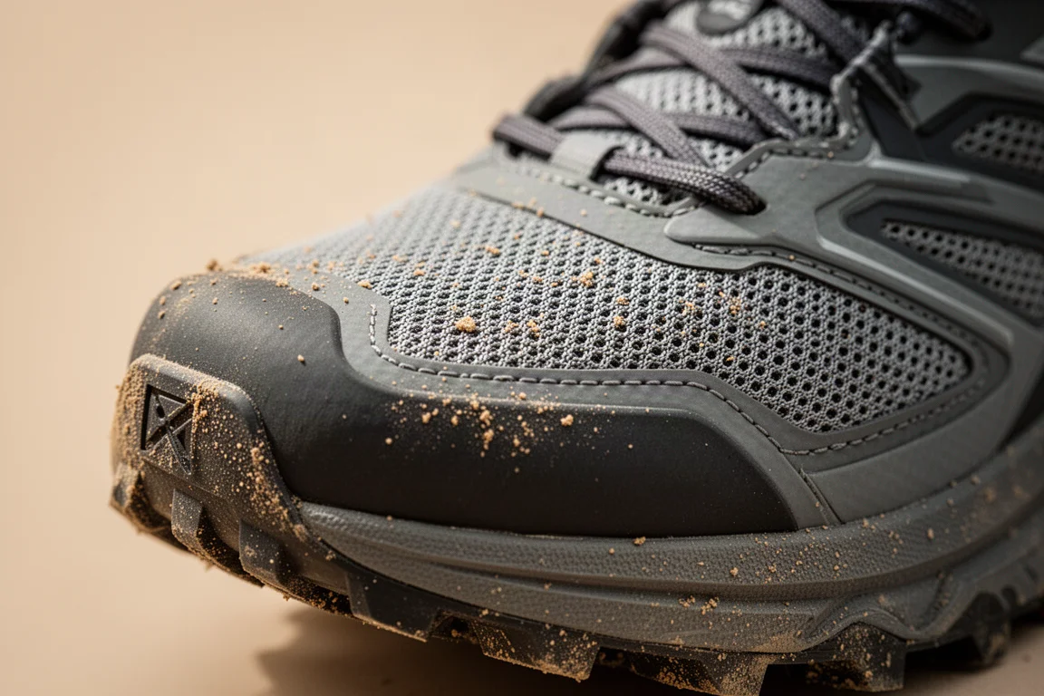 Close-up of a trail shoe toe bumper protecting against rocks and grit