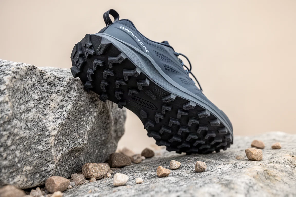 Rugged lugged outsole of a trail shoe resting on rough stone