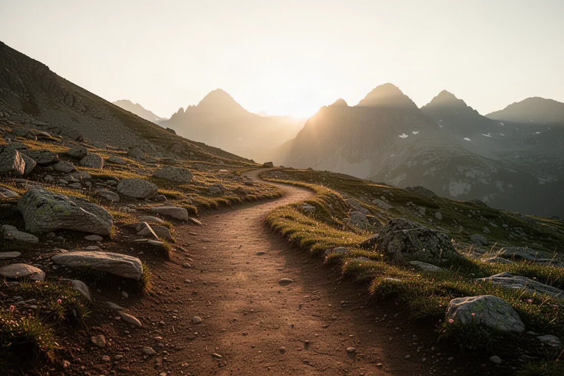 Trail winding through high alpine terrain at golden hour