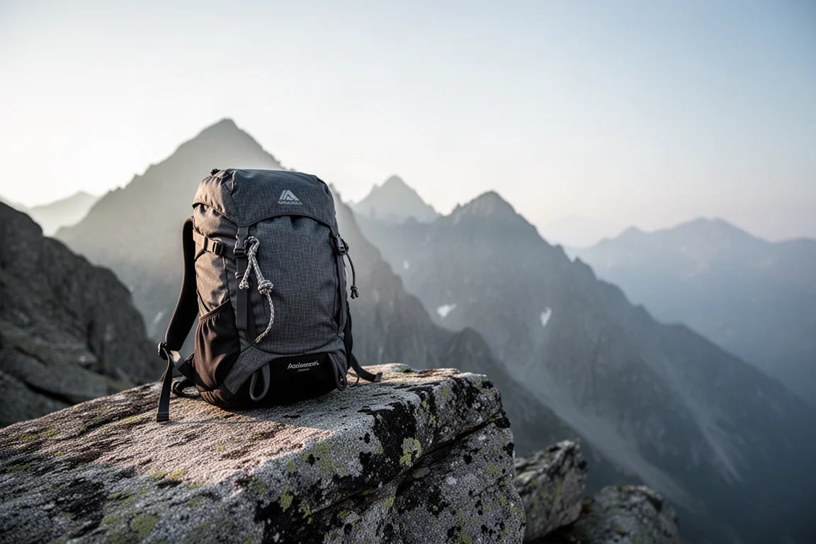 Bergsteigerrucksack auf verwittertem Granit mit alpinen Bergketten im Hintergrund