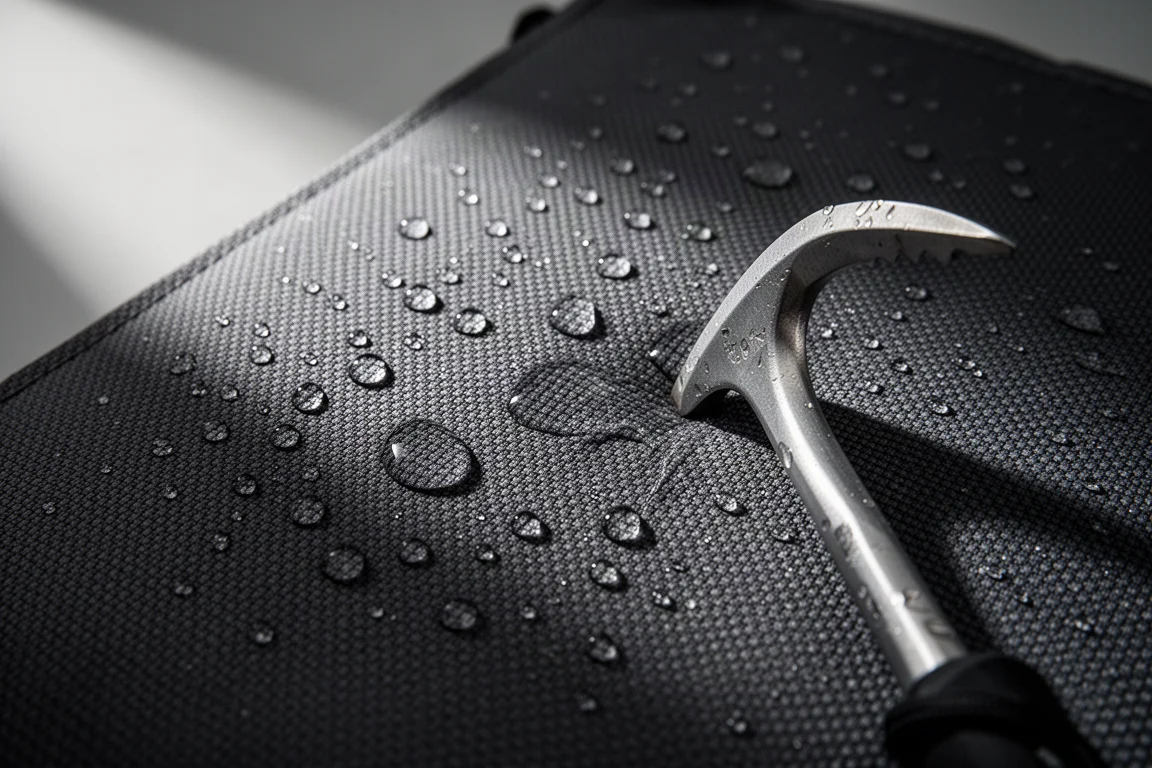 Nahaufnahme eines dichten technischen Rucksackstoffs mit Wasserperlen auf der Oberfläche