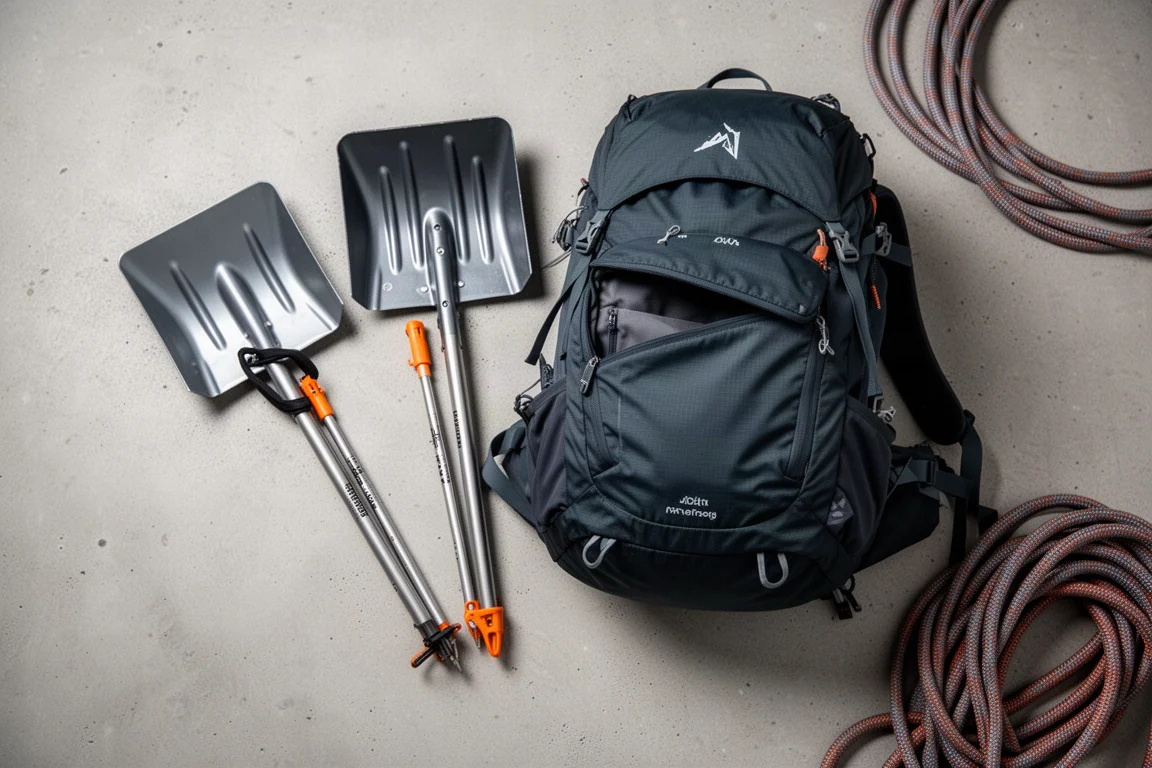 Flache Anordnung von Lawinenschaufel, Sonde und aufgerolltem Seil neben einer offenen Rucksacktasche
