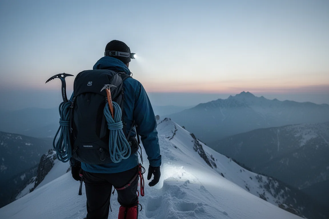 Bergsteiger von hinten auf einem verschneiten Grat in der Dämmerung mit einem kleinen beladenen Rucksack