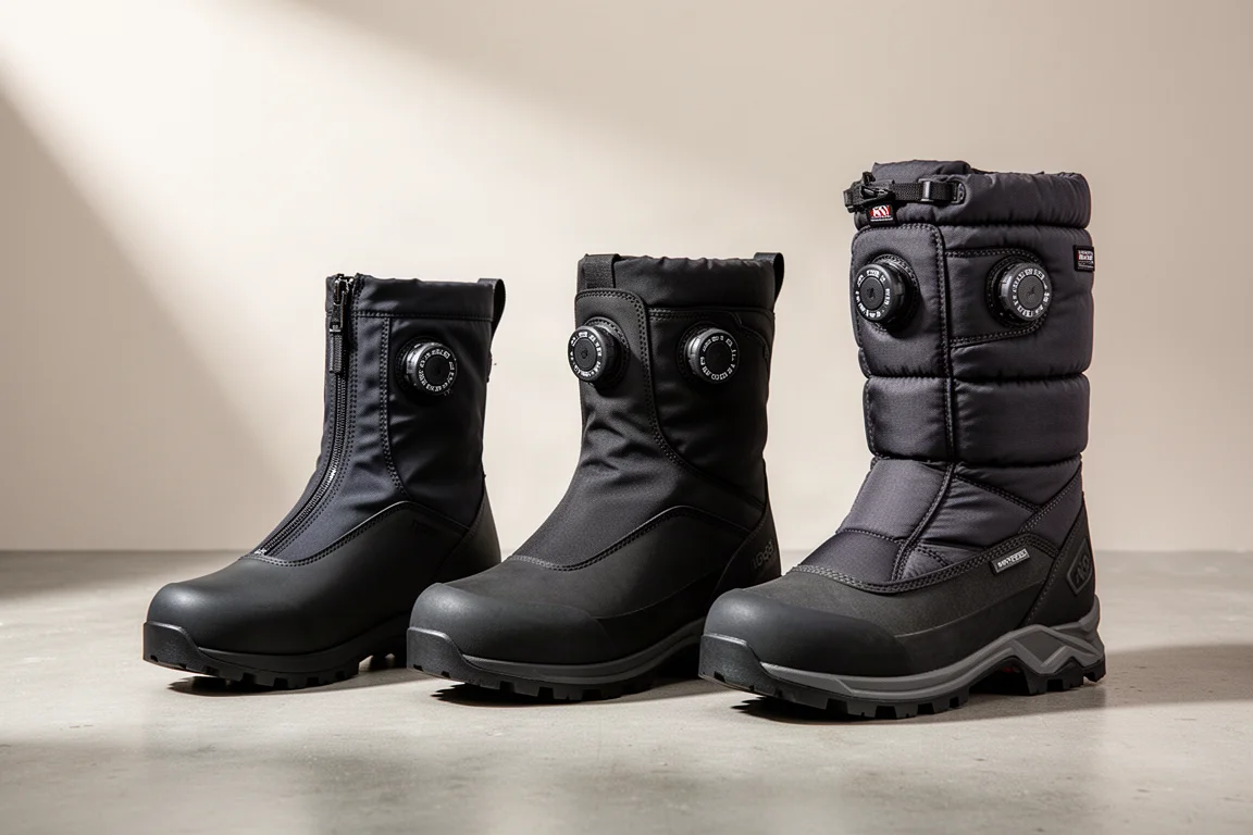 Three La Sportiva mountaineering boots arranged in a row on a concrete surface