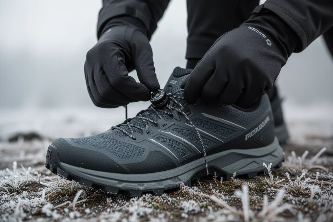Corredor de trail ajustando un sistema de cierre tipo dial en una zapatilla en condiciones de frío