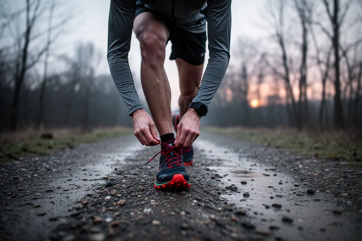 Corredor ajustándose los cordones antes de una carrera con frío