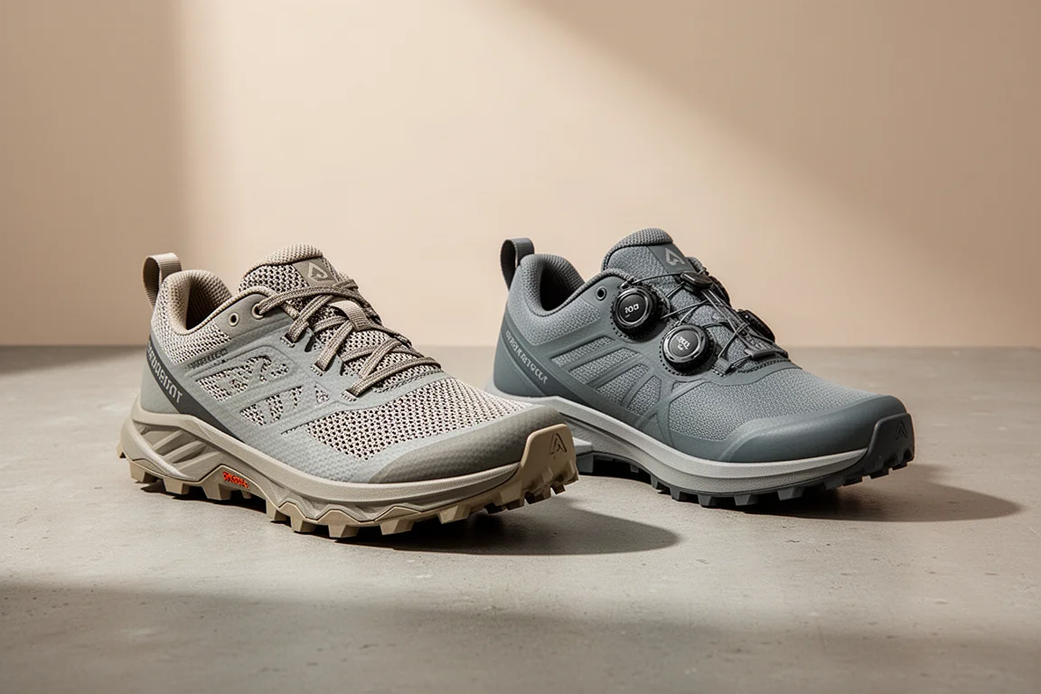 Two La Sportiva Jackal 2 trail running shoes side by side on a concrete surface