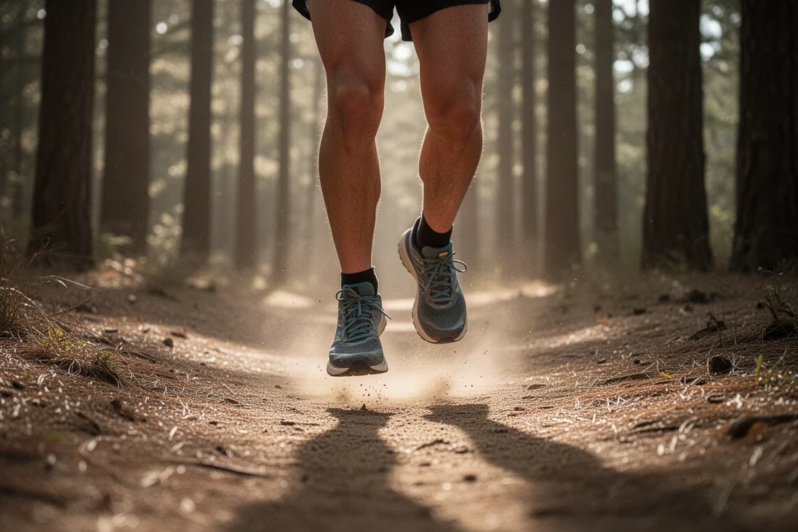 De voeten van een trailrunner op een droog bospad in het ochtendlicht