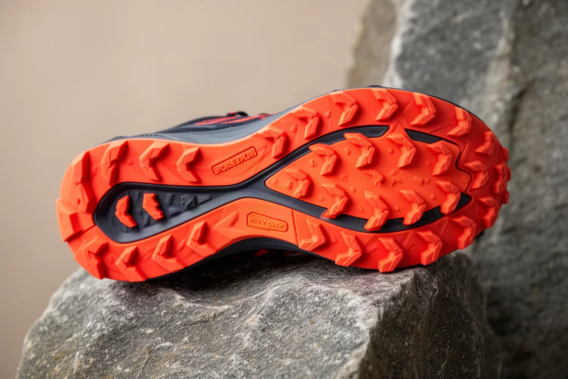 Close-up van een veelrichtingsnoppenprofiel op de buitenzool van een trailrunning