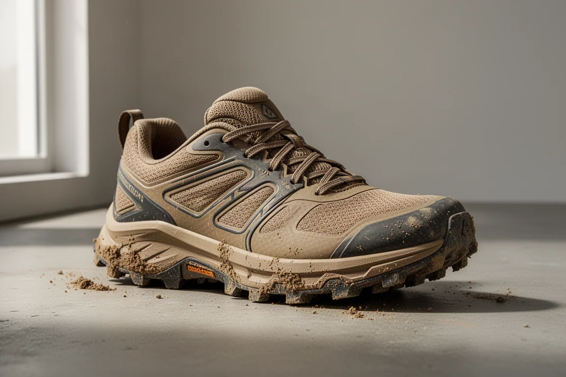 La Sportiva Jackal trail running shoe on concrete with muddy outsole