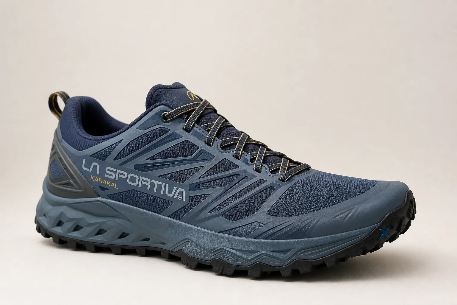 Fünf Trailrunning-Schuhe, die in absteigender Reihenfolge auf einem Betonuntergrund angeordnet sind