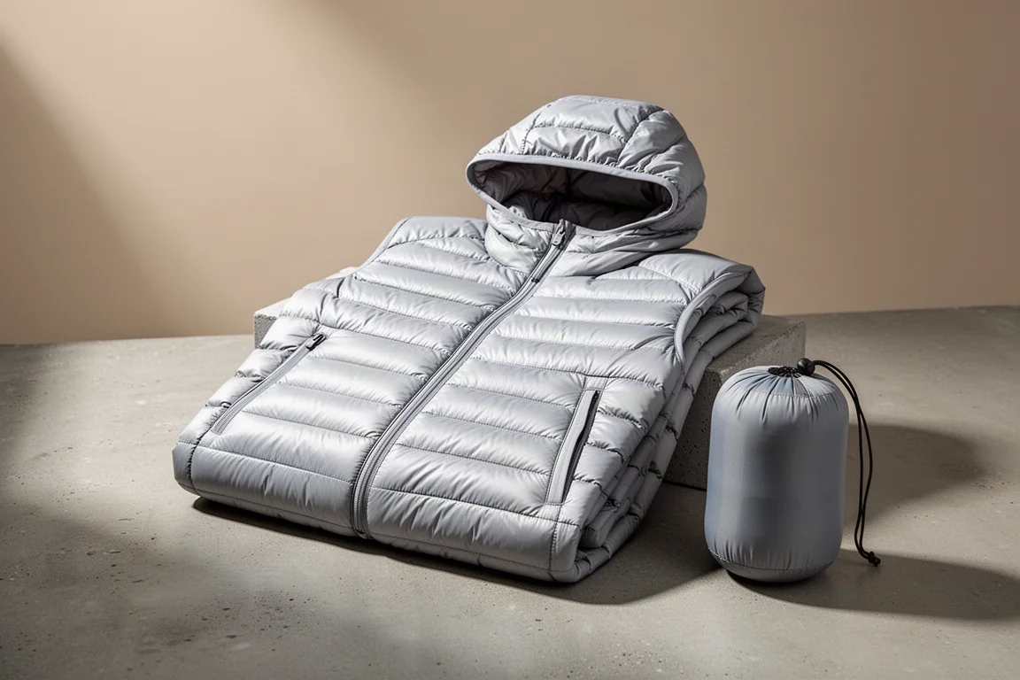 Lightweight grey quilted down jacket folded on concrete beside a small stuff sack
