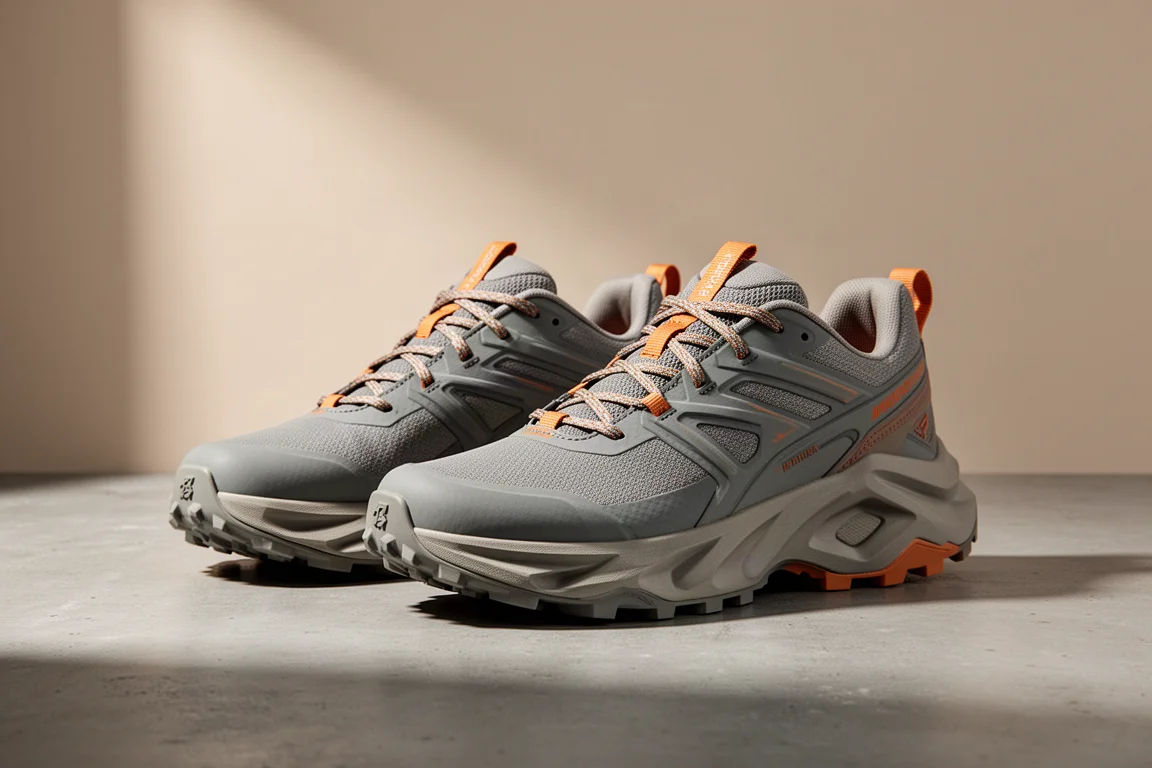 Pair of modern high-stack trail running shoes on a matte concrete surface