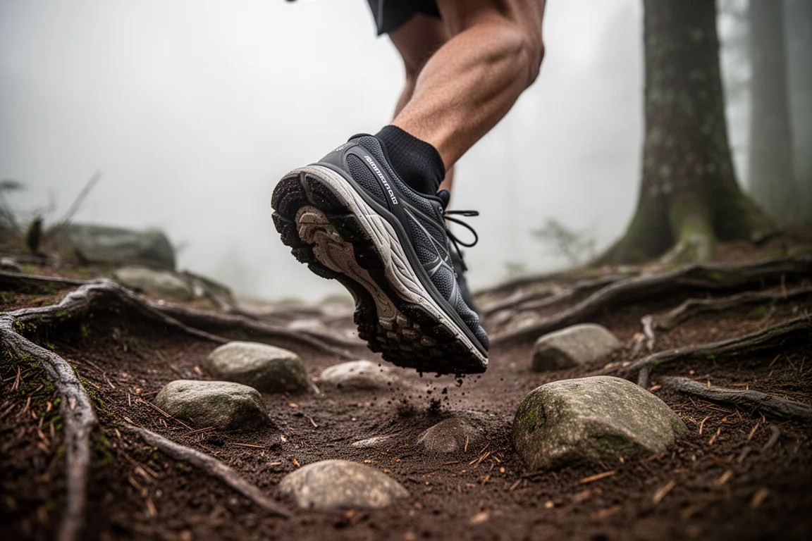 Läuferfüße auf einem steinigen, technischen Trail mit Mittelfußsohle des Schuhs in der Bewegung