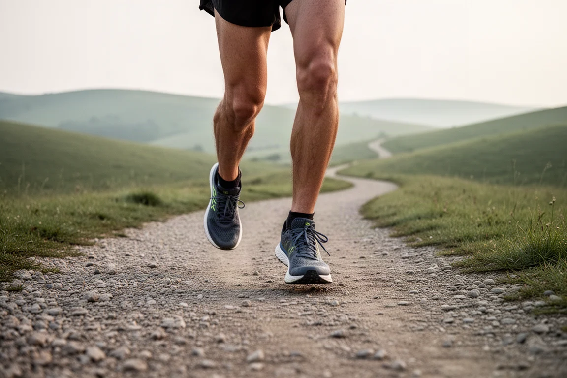 Trail runner che cammina su un sentiero misto di ghiaia e terra con colline ondulate sullo sfondo