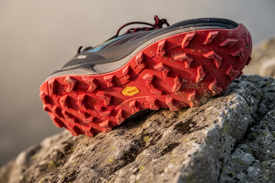 Suola di una scarpetta trail con gomma rossa e tacchi a forma di U su terreno roccioso