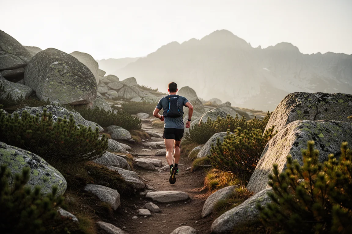 Trailrunner die rotsachtig bergterrein oversteekt in het ochtendlicht