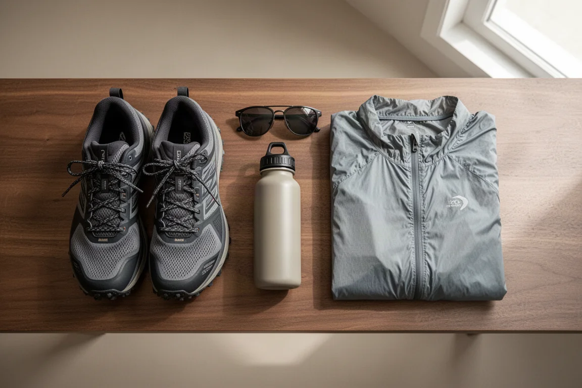 Trailrunninguitrusting van bovenaf op een houten oppervlak