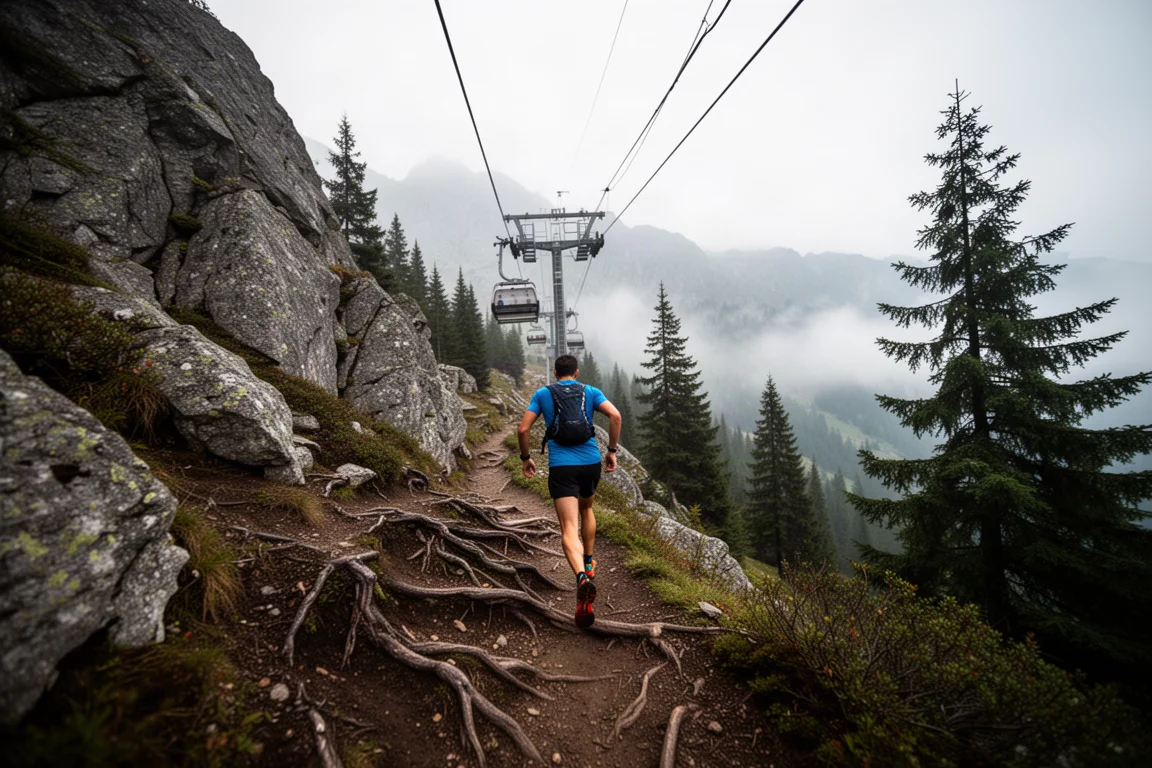 Traileur gravissant un sentier alpin rocheux et escarpé sous un téléphérique