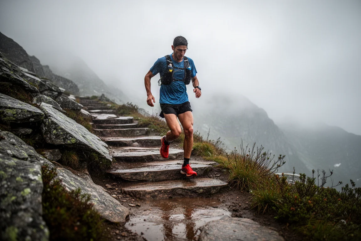 Coureur descendant des roches glissantes et mouillées sur une descente technique en montagne