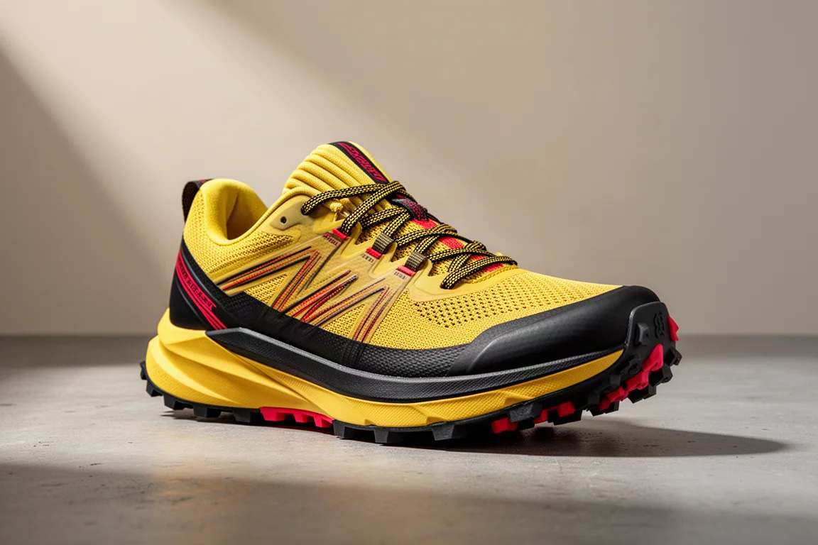 La Sportiva Prodigio Max trail running shoe in yellow, black and red on concrete