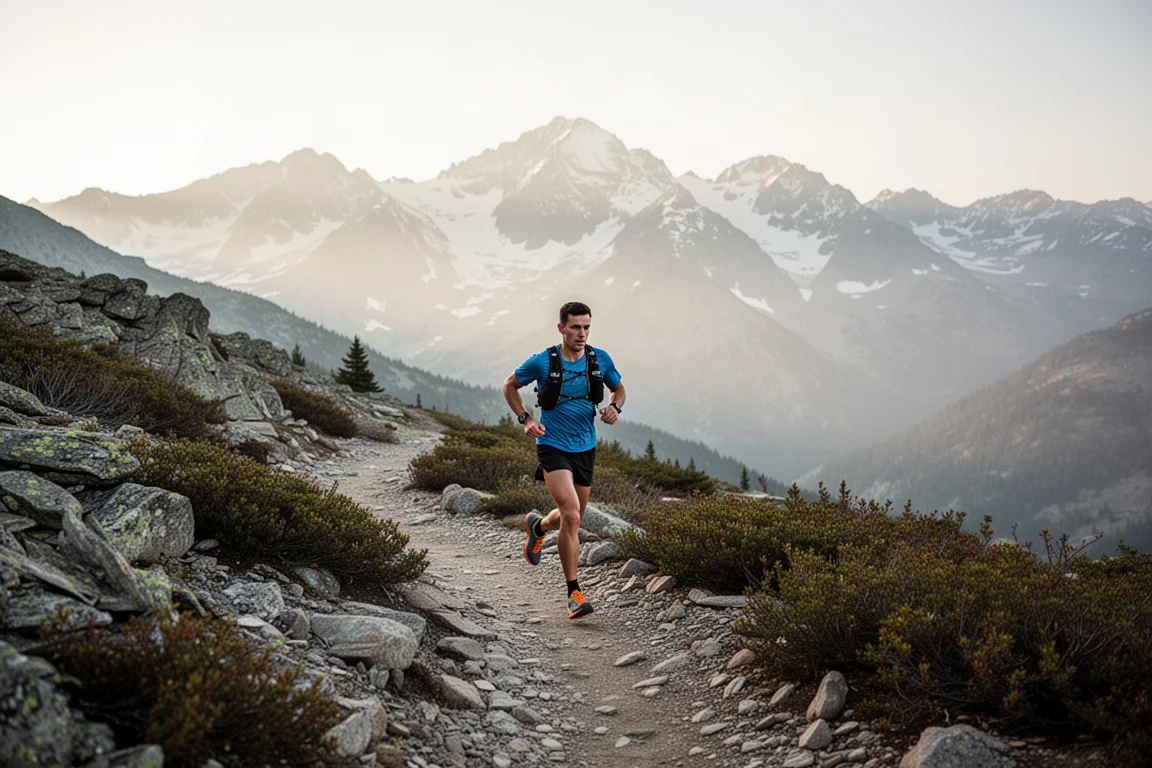 Scarpa da trail running ad alto stack fotografata su terreno montano roccioso in luce morbida