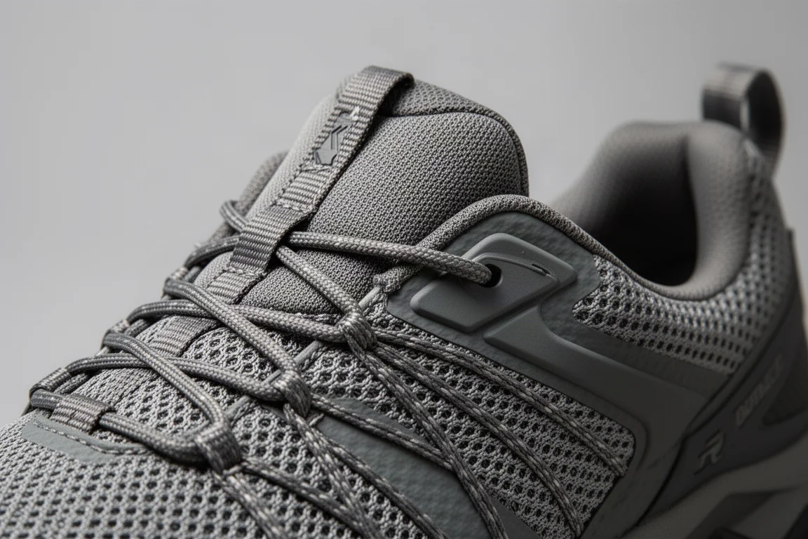 Primo piano di un tomaio in mesh tecnico resistente di una scarpa da trail che mostra la struttura dei lacci