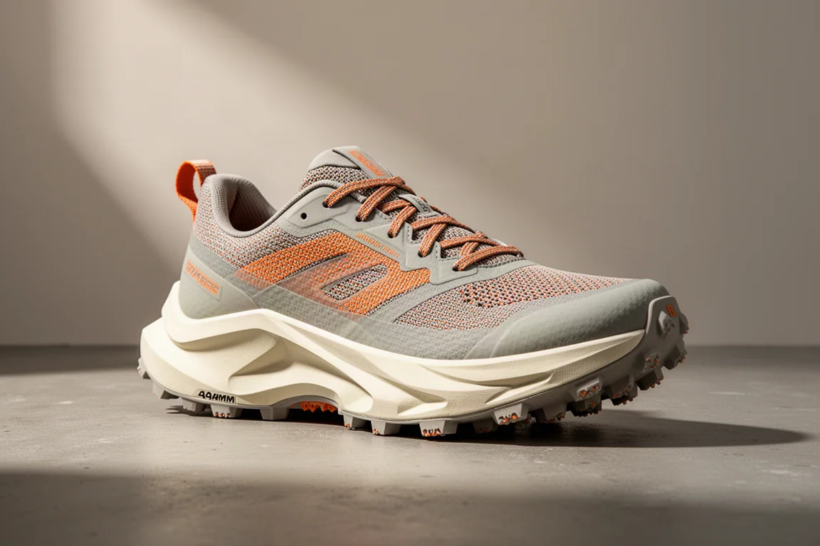 Maximalist trail running shoe with thick foam midsole and lugged outsole