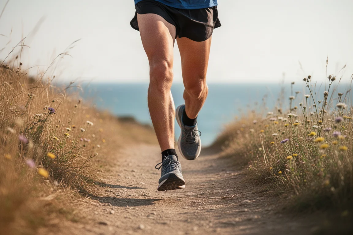 Gambe di un trail runner in movimento su un sentiero costiero compatto sotto un sole brillante