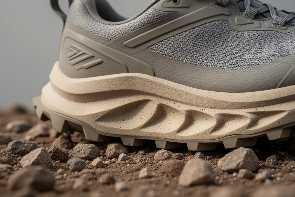 Primo piano della spesso ammortizzata intersuola di una scarpa da trail running su terreno sassoso