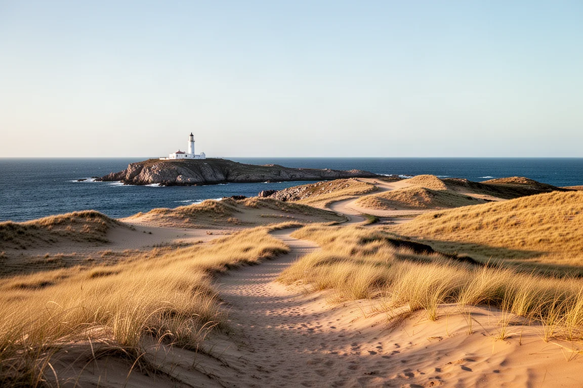 Panorama di un sentiero costiero con dune di sabbia e un faro in lontananza