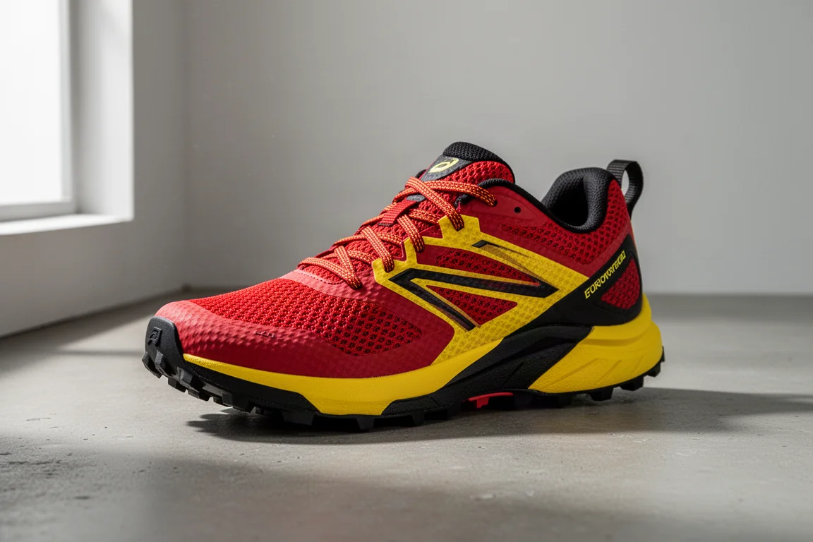 La Sportiva Prodigio Pro trail running shoe on a concrete surface with mountains in the background