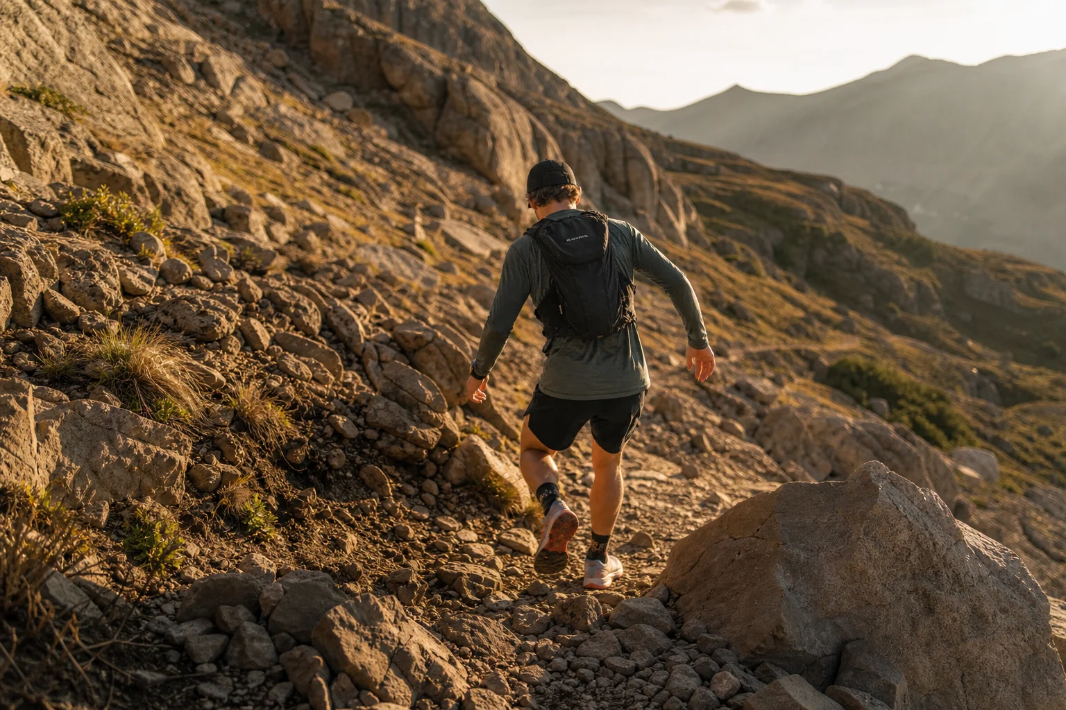 Trail runner descending rocky mountain terrain in afternoon light