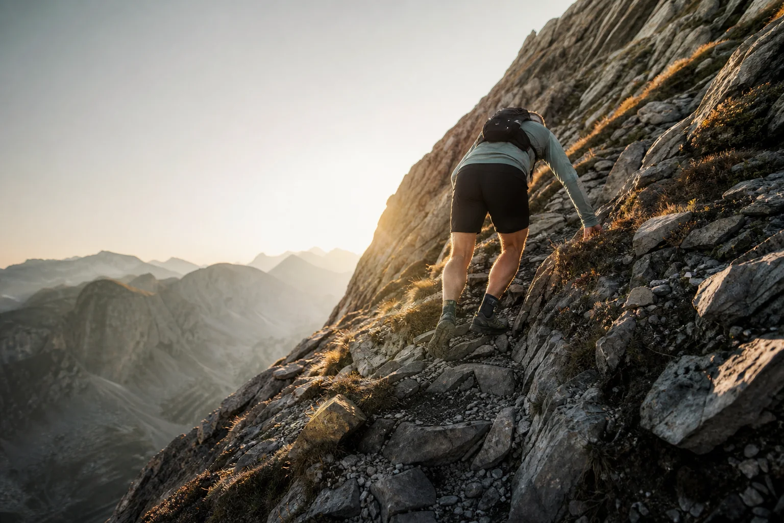 Trail runner ascending a steep mountain slope with technical footing