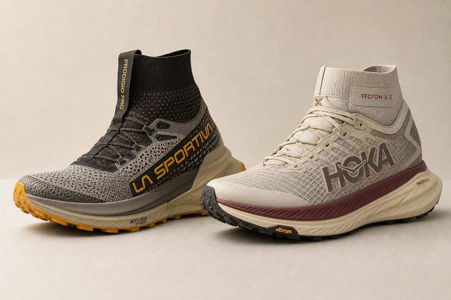 La Sportiva Prodigio Pro och Hoka Tecton X3 trailskor sida vid sida mot en neutral bakgrund