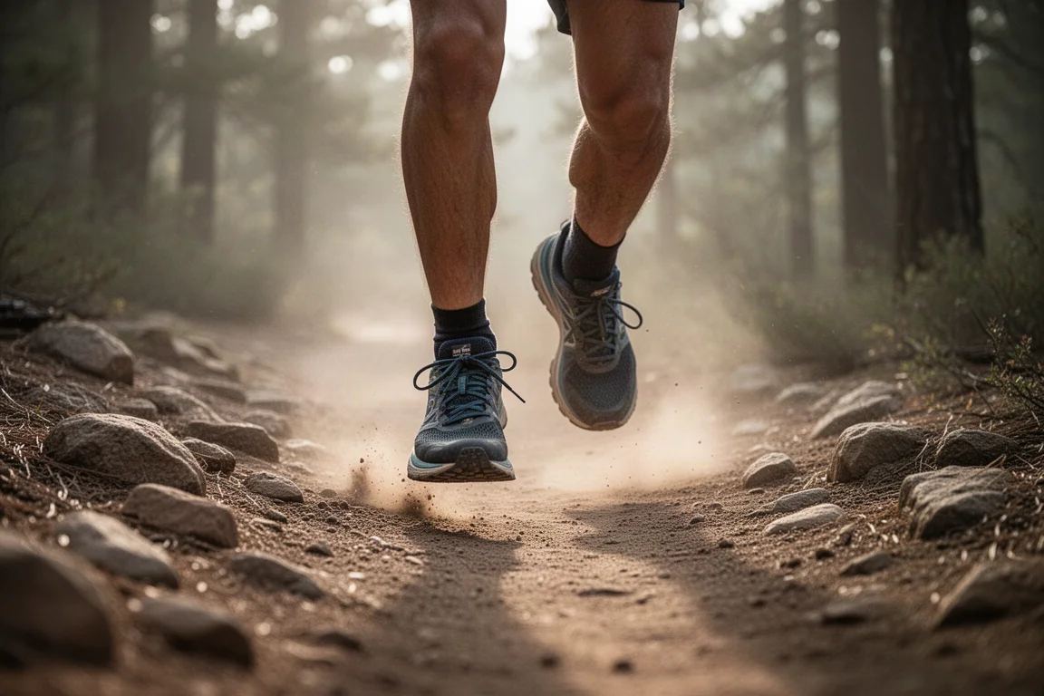 Pés de um trail runner em trilha de terra com pedras sob luz suave da manhã