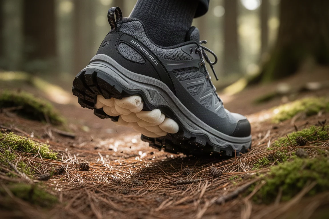 Entressola de tênis de trail comprimindo em trilha de floresta macia