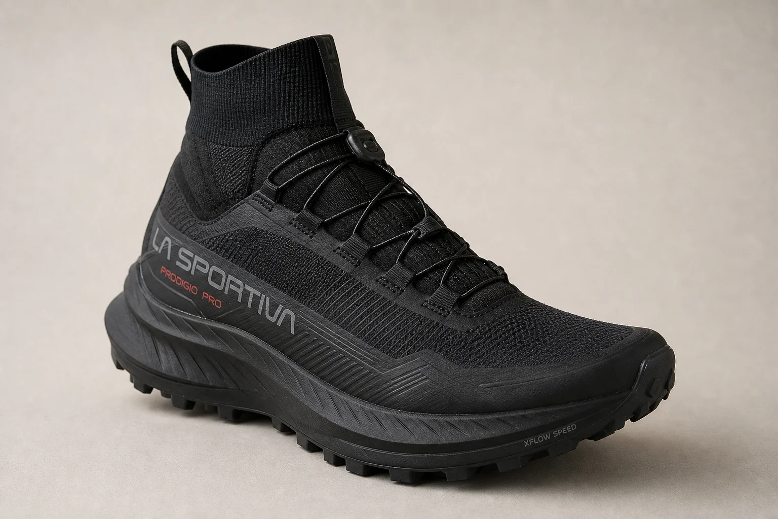 Le scarpe da trail running La Sportiva Prodigio Pro e Hoka Tecton X3 affiancate su uno sfondo neutro