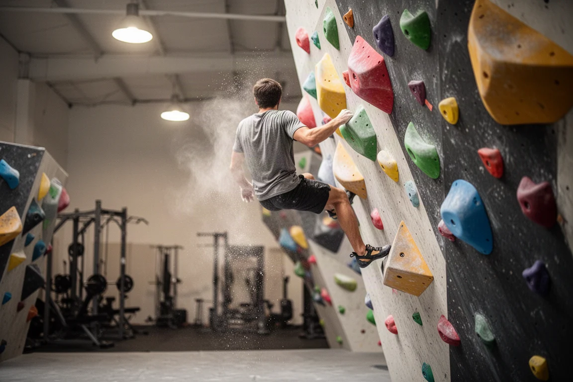 Climber seen from behind mid-move on a colourful indoor bouldering wall