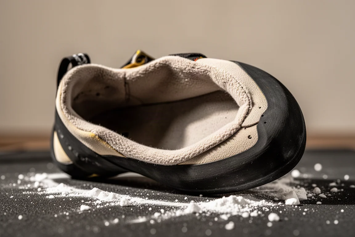 Macro detail of a plush microfibre climbing shoe lining on a chalky gym mat