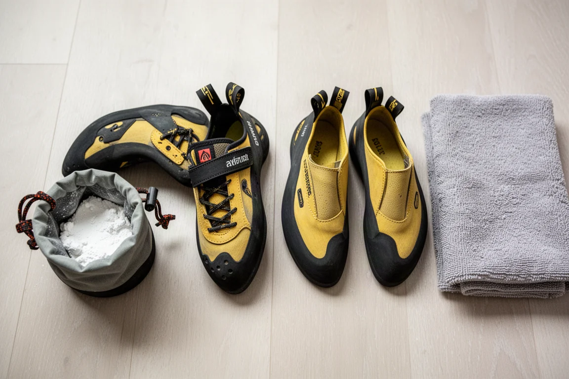 Overhead flat-lay of two climbing shoe profiles with a chalk bag on wooden floor