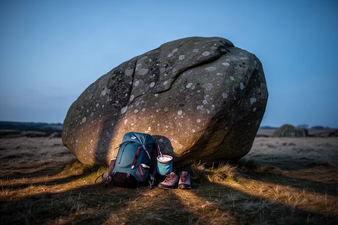 Gritstone boulder at dusk with climbing bag, chalk bag and shoes at its base