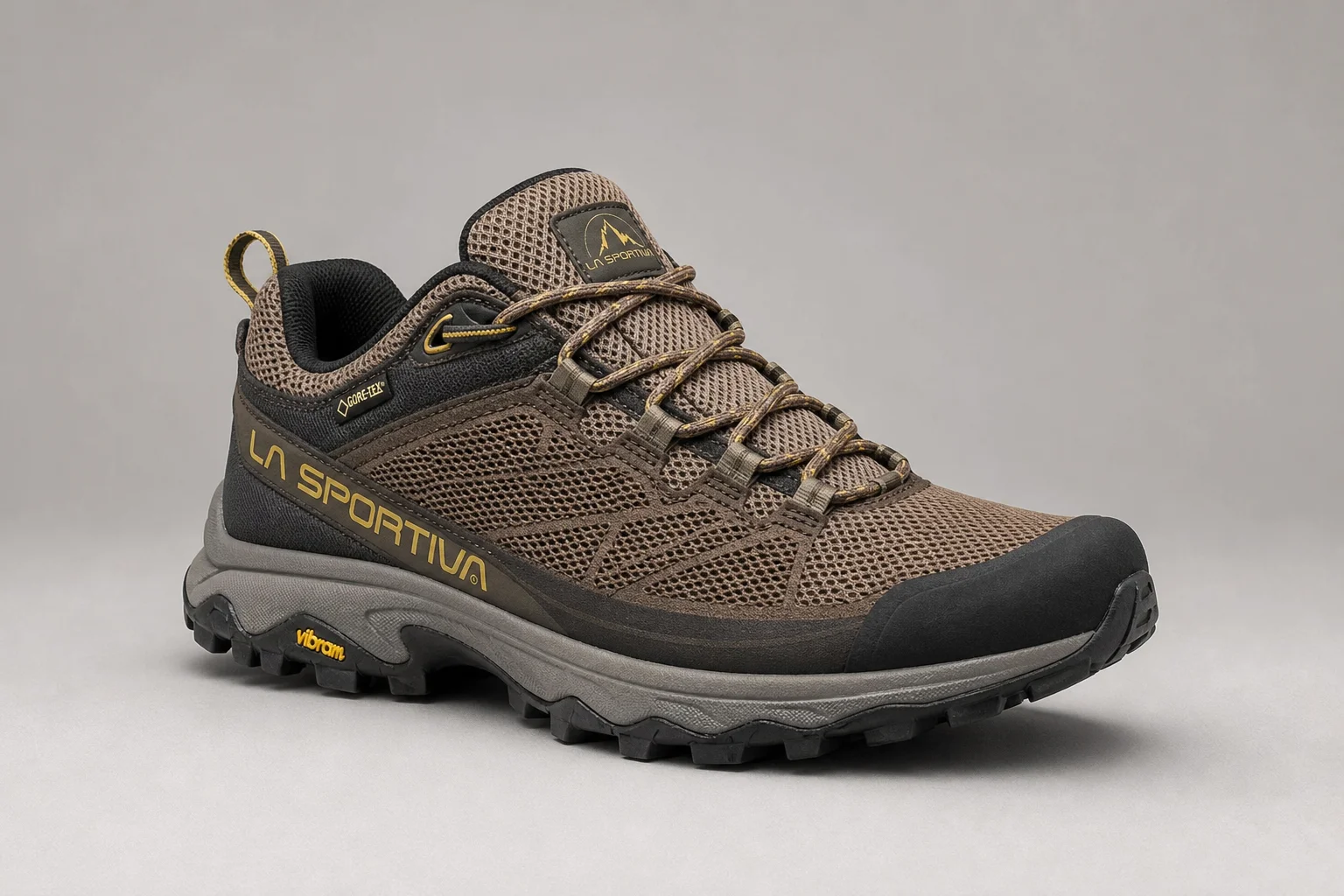Five hiking shoes ranked and arranged on concrete surface