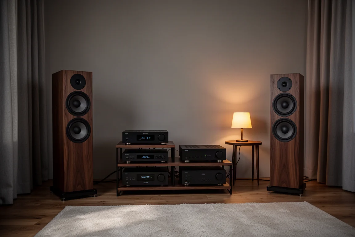 Dimly lit listening room with floorstanding speakers and a hi-fi rack