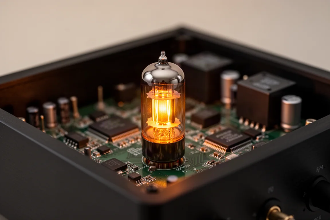 Close-up of a small vacuum tube glowing inside an open audio chassis