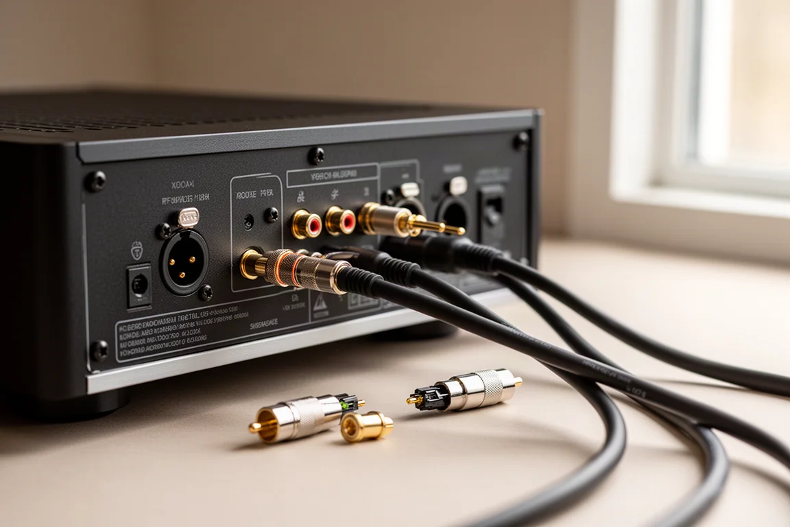 Digital coaxial and optical cables plugged into the rear panel of a hi-fi component