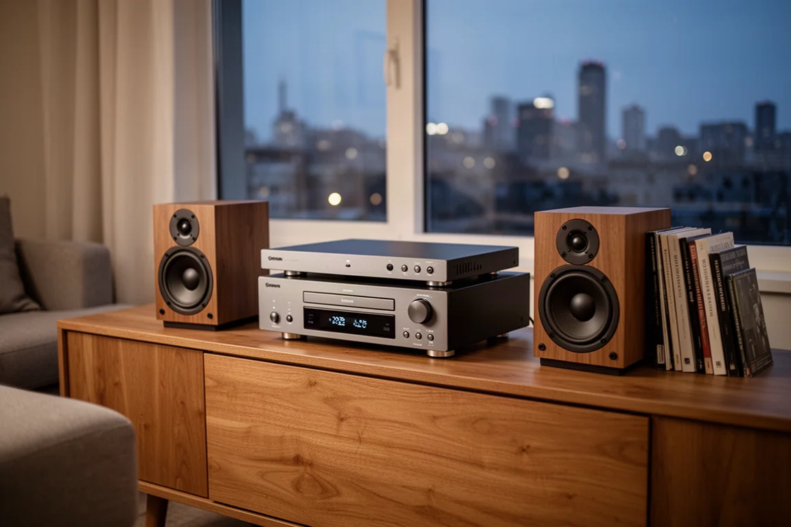 Compact hi-fi system on a wooden sideboard in a living room at dusk